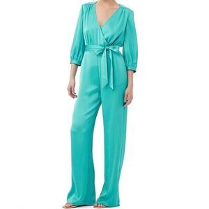 NWT Trina Turk Mineral Jumpsuit -Teal Belted Satin 3/4‎ Sleeve Jumpsuit- Size 6